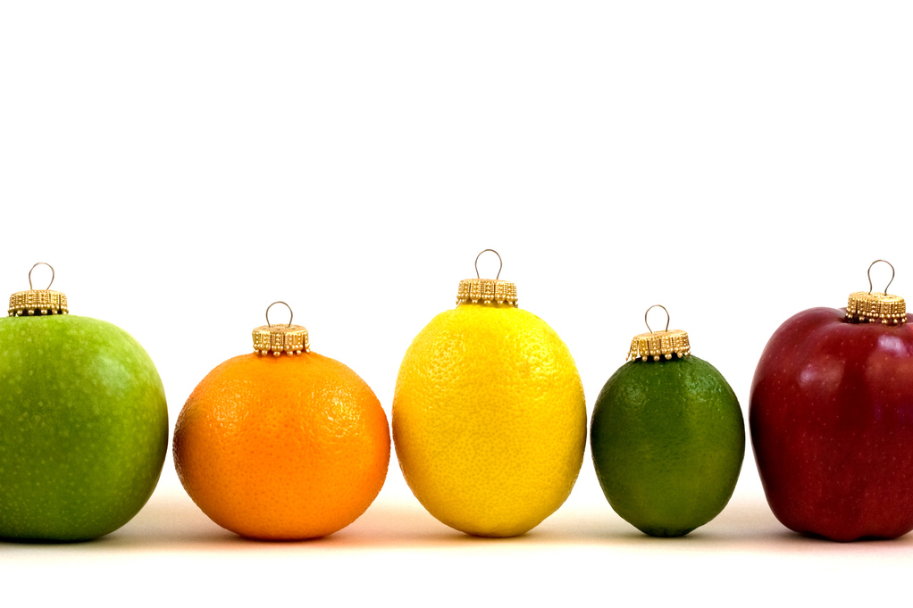 fruit lined up as Christmas ornaments