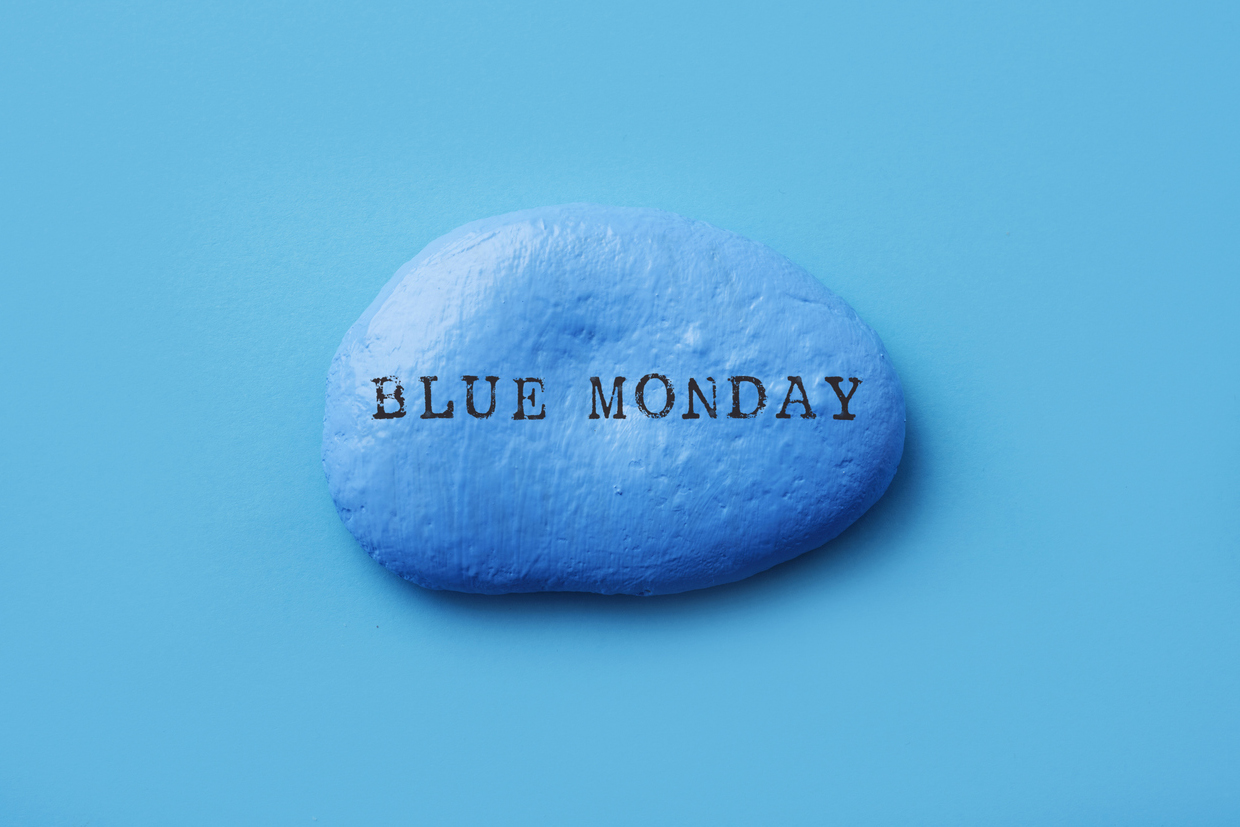pebble painted blue on a blue background with the words 'blue Monday' printed in the pebble