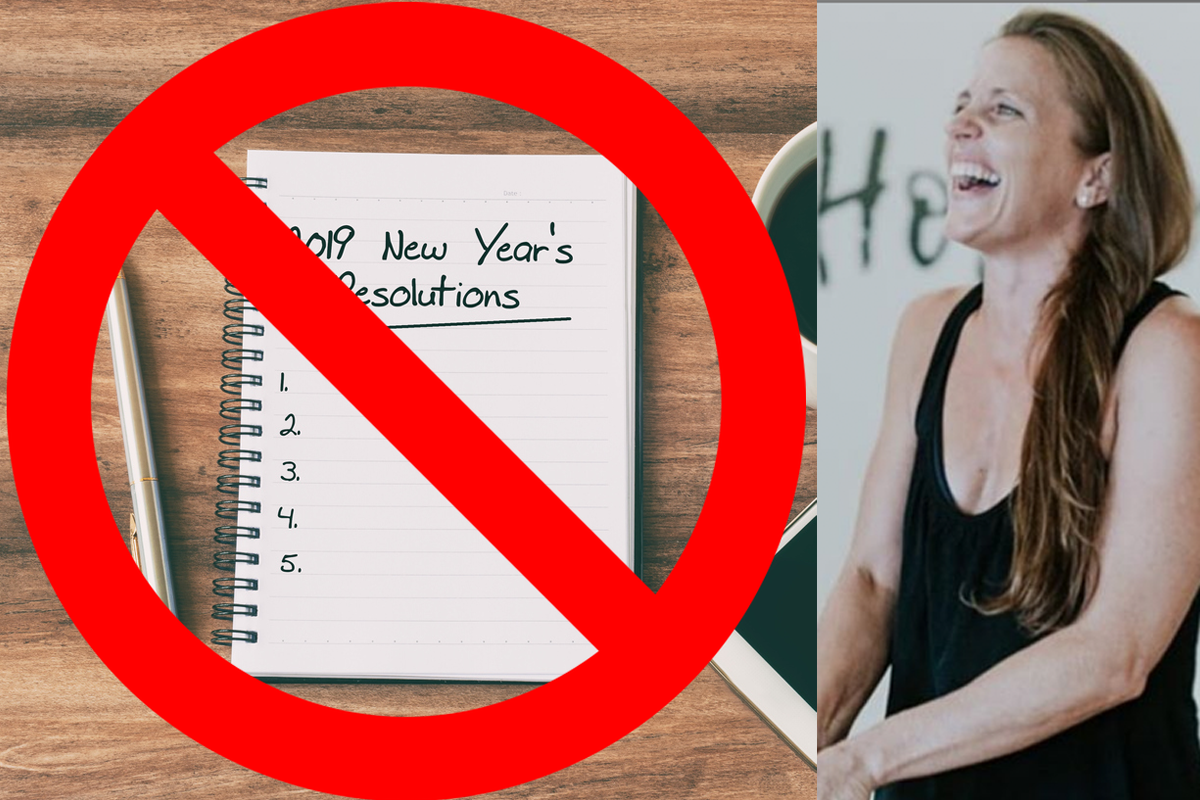collage of a note book showing no new years resolutions have been decided yet and a woman laughing