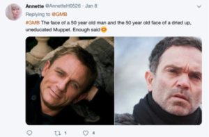 screen shot of tweets about differing faces of men at the age of 50