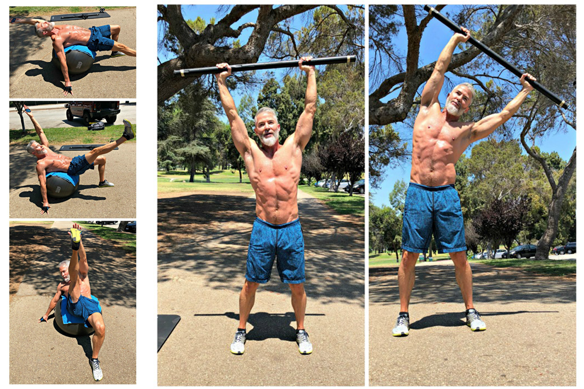 collage of a strong mature man practicing stretches and strength poses on gym equipment outside