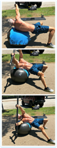 collage of strong mature man on a yoga ball stretching