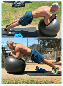 collage of a strong mature man using a fitness ball strength training