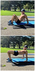 strong mature man on a yoga mat outside stretching