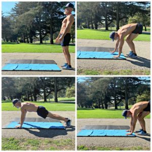 collage of a strong mature man practicing stretches on a yoga mat outside