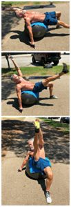 collage of a strong mature man strengthening his core on a fitness ball outside