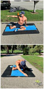 strong mature man on a yoga mat outside stretching