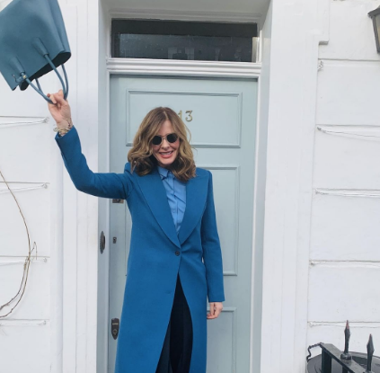 Trinny Woodall in all blue outfit with long blue blazer
