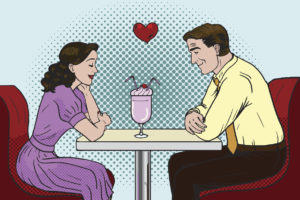 illustration of man and woman sat opposite each other in a diner with a milkshake in-between