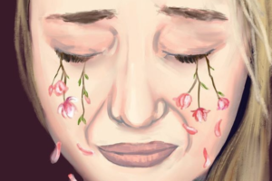 painting of a woman crying flowers and petals