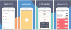 screen shots of mindfulness, health and happiness app
