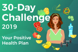 30 day wellness challenge. Illustration of woman surrounded by healthy foods
