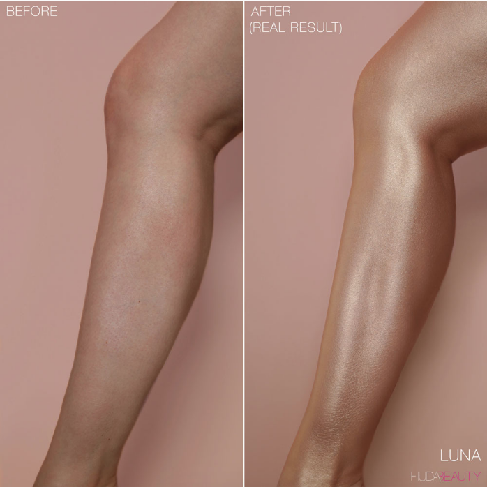 collage image of a leg before and after using a body highlighter