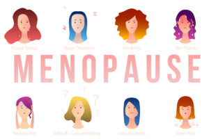 Menopause infographic showing illustrations of women having different menopausal symptoms