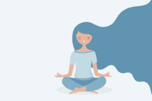 illustration of a woman meditating with her blue hair moving in the breeze