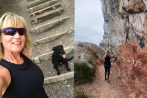 collage of Louise taking a selfie whilst out hiking with her dog and one with her walking away from camera