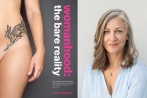 collage of book cover titled 'womanhood: the bare reality' with image of woman's naked hip and rabbit tattoo and portrait of the author