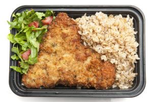 microwave meal chicken schnitzel, brown rice and salad