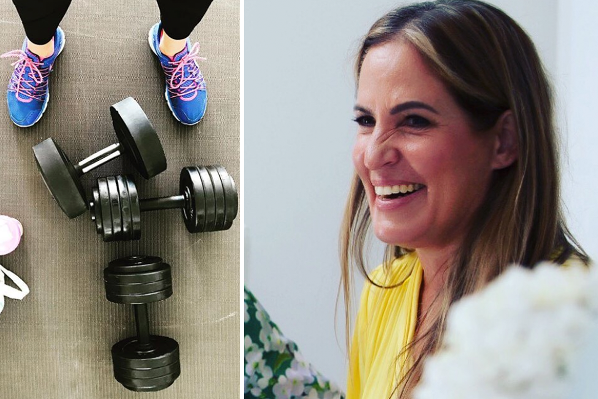 collage of some dumbbell weights and woman laughing