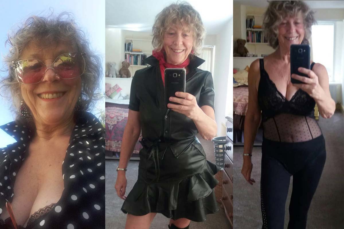 collage Eva Chapman, 72 showing her different outfits that keep her sizzling in her 70's