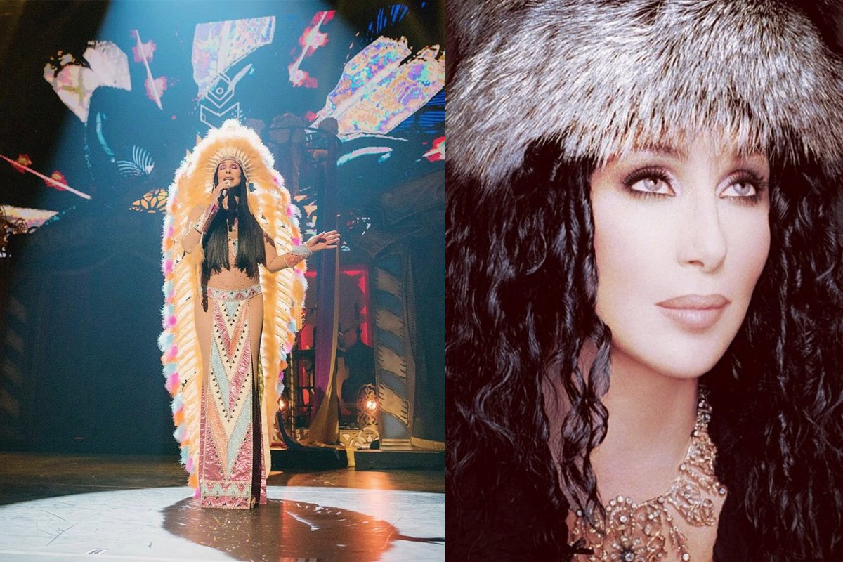 collage of Cher performing and portrait