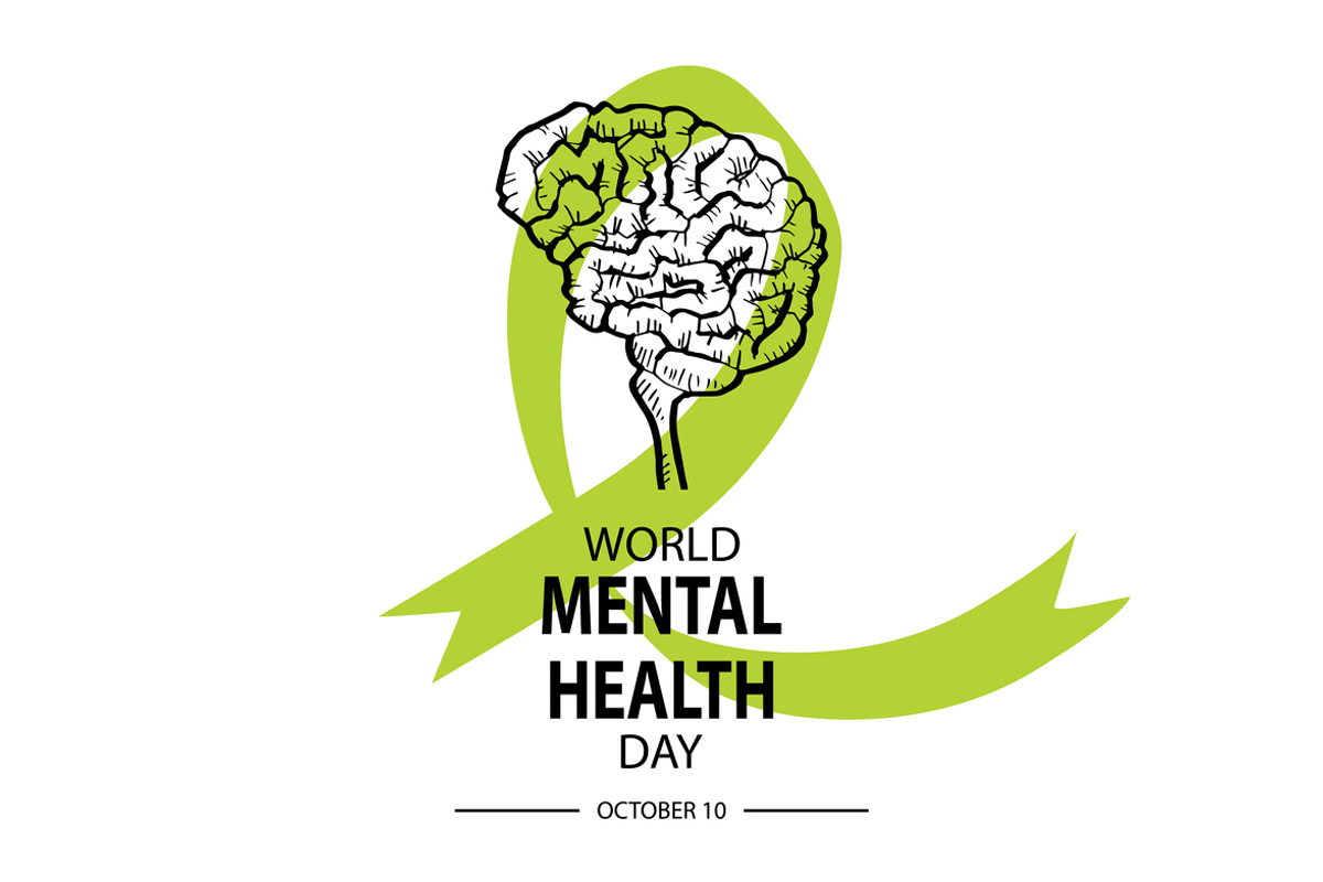 world mental health day - illustration of a brain and green ribbon