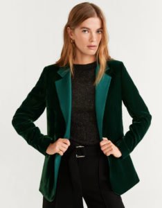 woman in velvet green blazer - over 50 autumn style ideas