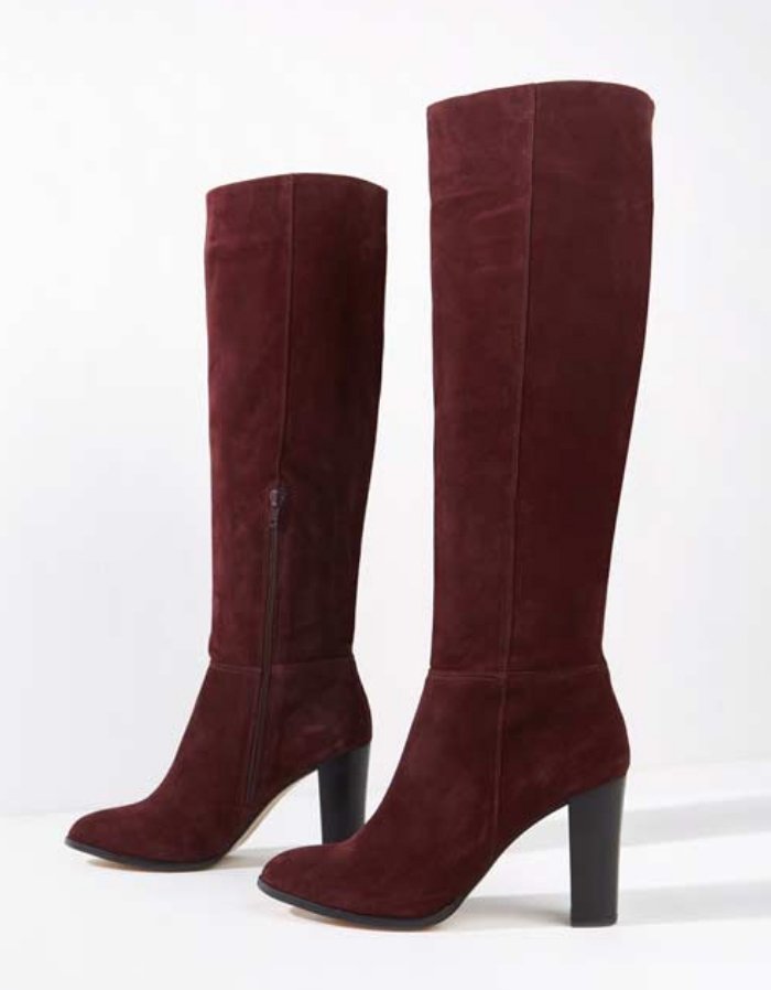 burgundy high knee heeled boots