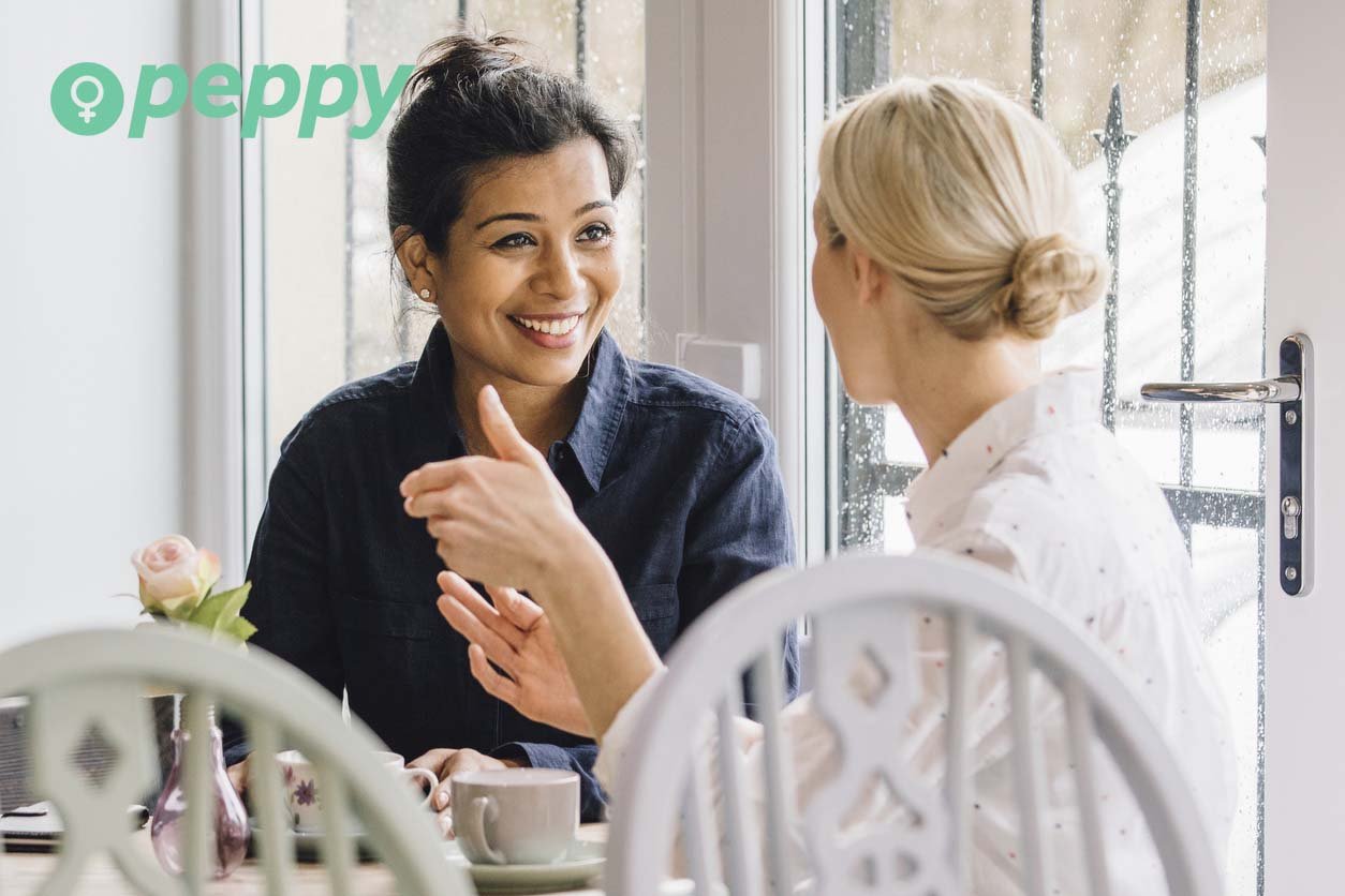 peppy logo and two women having a conversation in a coffee shop