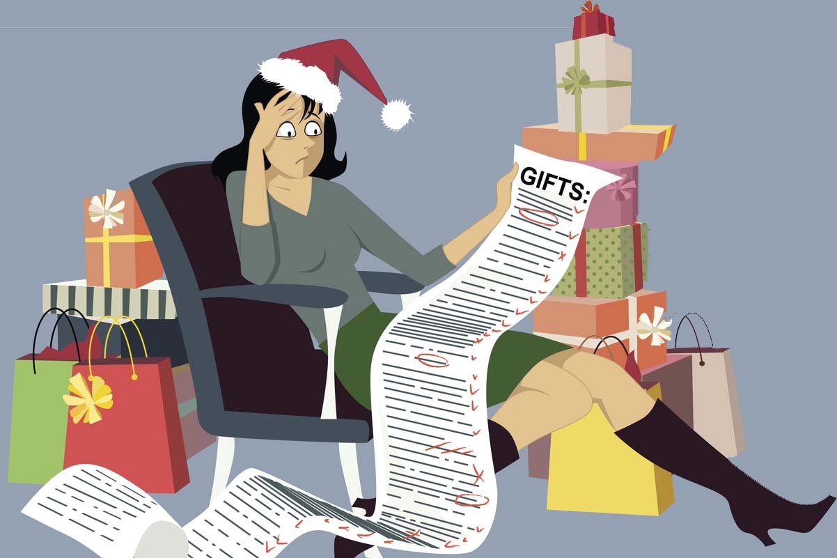 illustration of exhausted woman with long list of christmas gifts to go shopping for