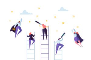 illustration of men and women in office clothes climbing ladders