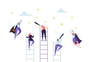 illustration of men and women in office clothes climbing ladders
