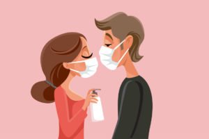 illustration man and woman facing each other wearing face masks holding antibacterial hand gel