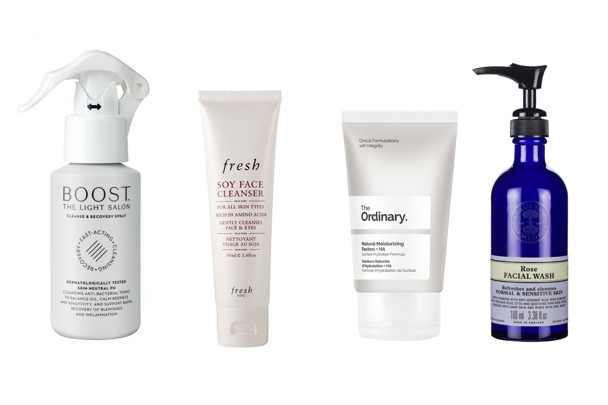 different skincare products in a line