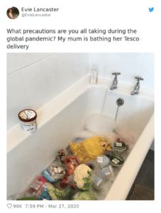 funny meme about cleaning groceries during the covid-19 pandemic