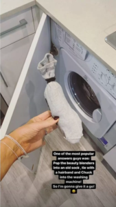 beauty blenders in a sock about to go in washing machine