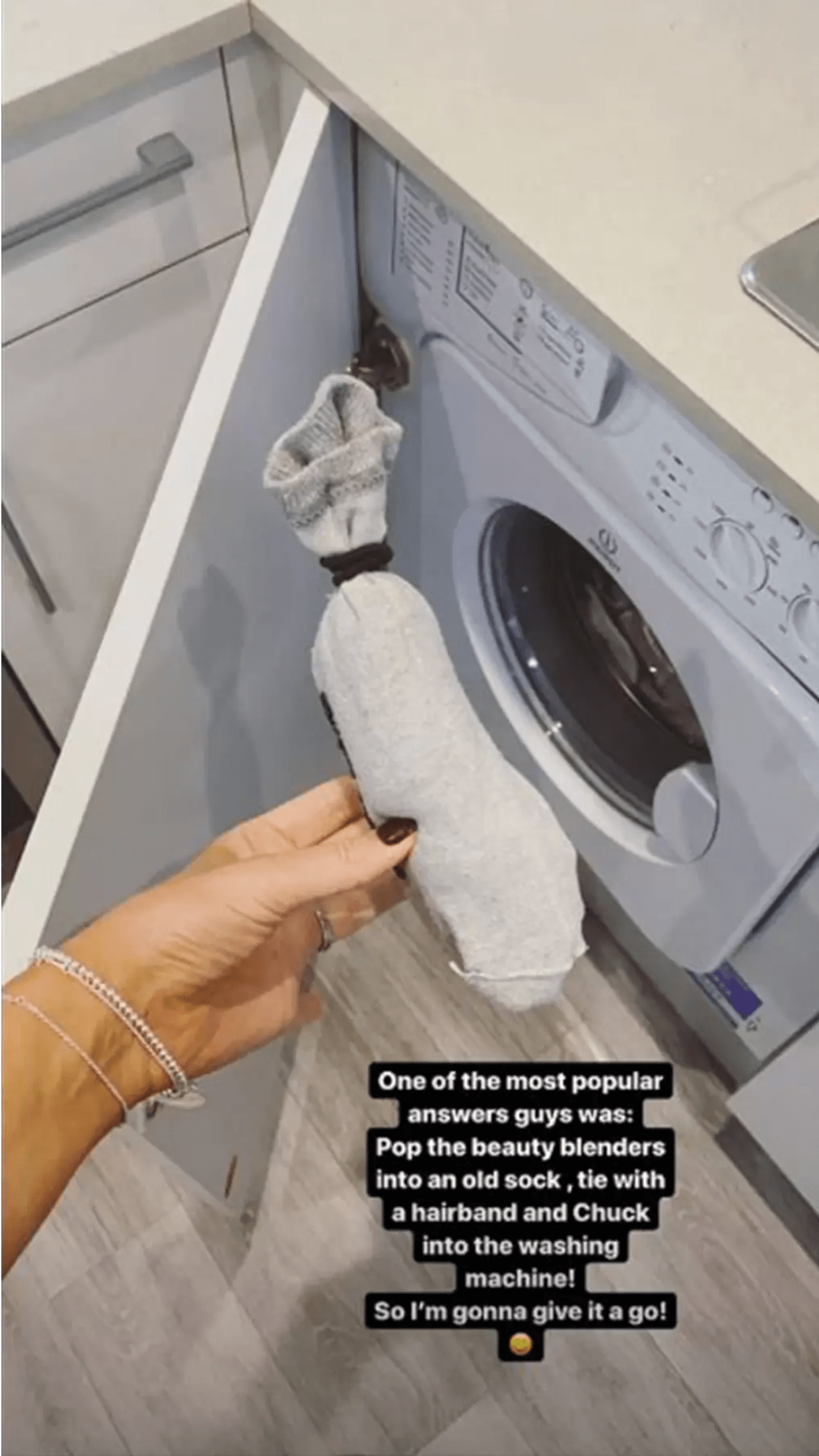 beauty blenders in a sock about to go in washing machine